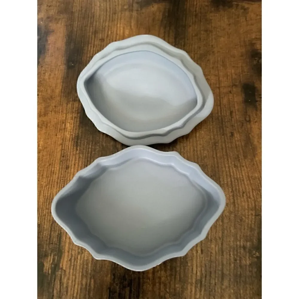 WEDGWOOD JASPERWARE PALE BLUE LIDDED COVERED TRINKET BOX / RING PLATE Set of 2
